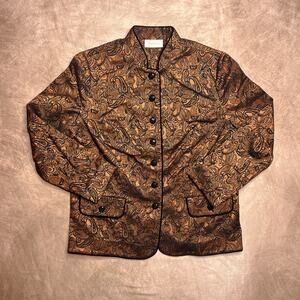Vintage 90s Studio Works Metallic Paisley Jacket Orange Nehru Collar Button Up